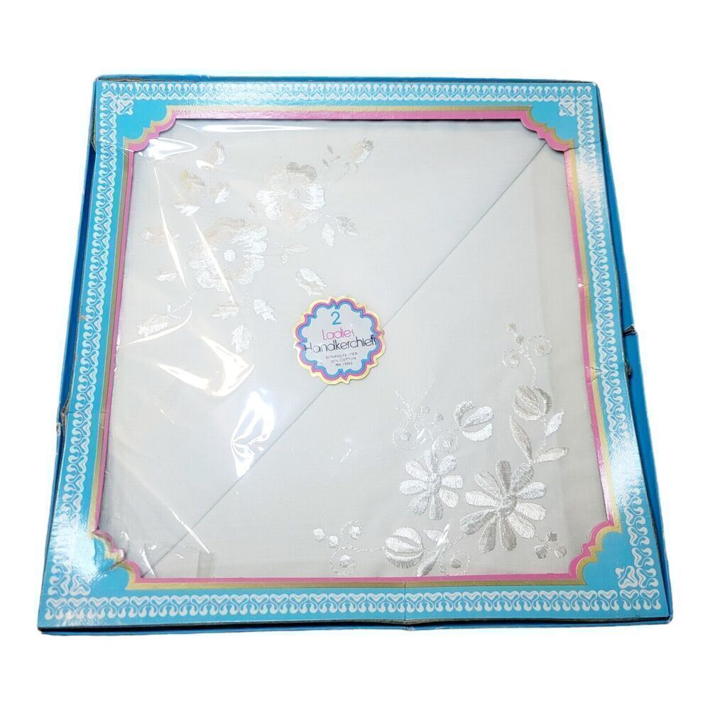 Vintage Set of 2 NIB White Floral Flowers Embroidered Ladies Handkerchiefs Hanki